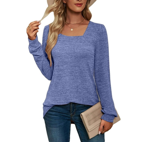 LAVA Women Square Neck Long Sleeve Tops Casual Loose Fit Fall Shirts Sweatshirt for Legging (Blue, M)