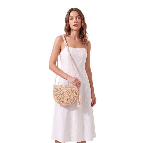 LAVA Women Straw Bag Crossbody Purse Beach Handmade Woven Shoulder Bag with Tassels (Beige)