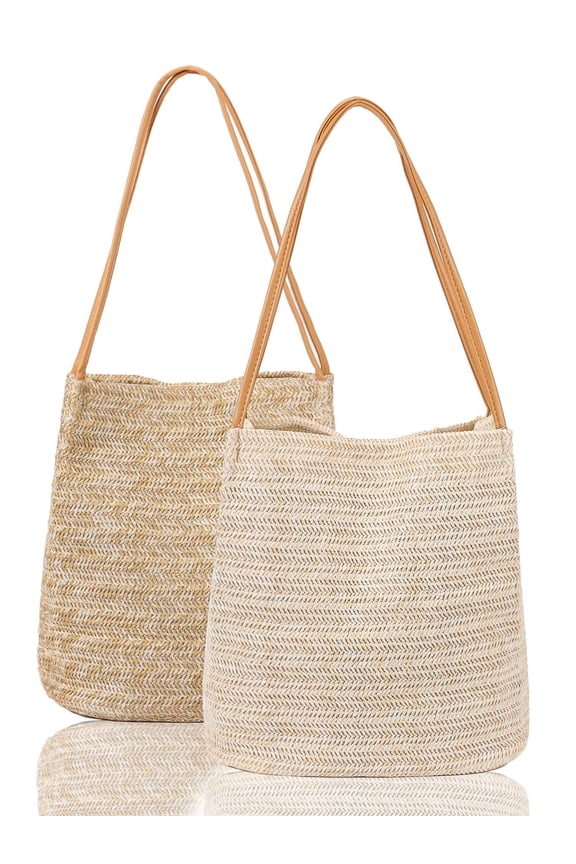 Women Straw Bags Hand Woven Straw Beach Bag Fashion Summer Tote Bag (Khaki)