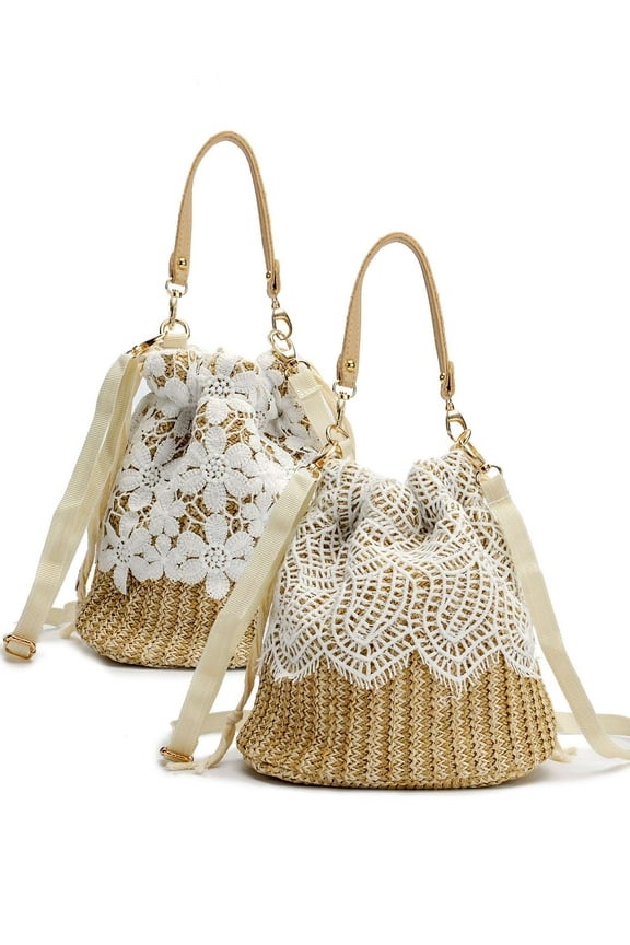 Women Straw Handbag Summer Beach Bucket Bag Lace Woven Drawstring Purse