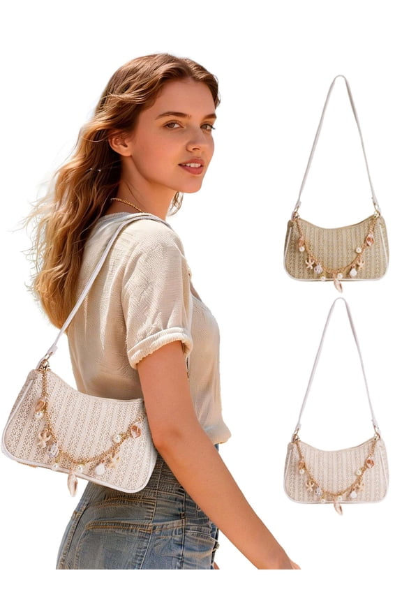 Women Straw Woven Shoulder Bag Summer Beach Handbag with Seashell Pearl Beaded Chain For Summer, Beach Vacation, Daily Use (Khaki)