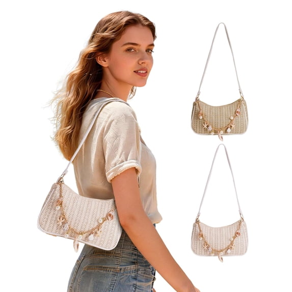 LAVA Women Straw Woven Shoulder Bag Summer Beach Handbag with Seashell Pearl Beaded Chain For Summer, Beach Vacation, Daily Use (White)