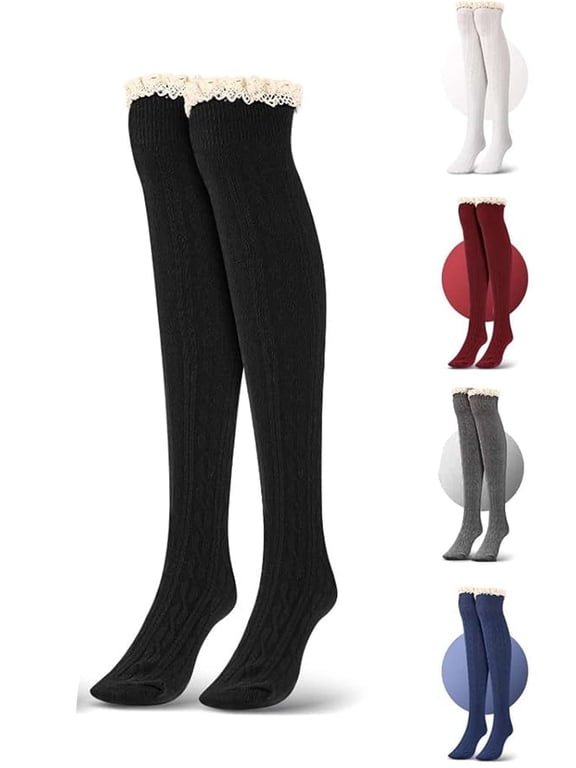 LAVA Women Thigh High Socks Lace Trim Over the Knee High Socks Winter Knit Long Boot Stockings Led Warmer White