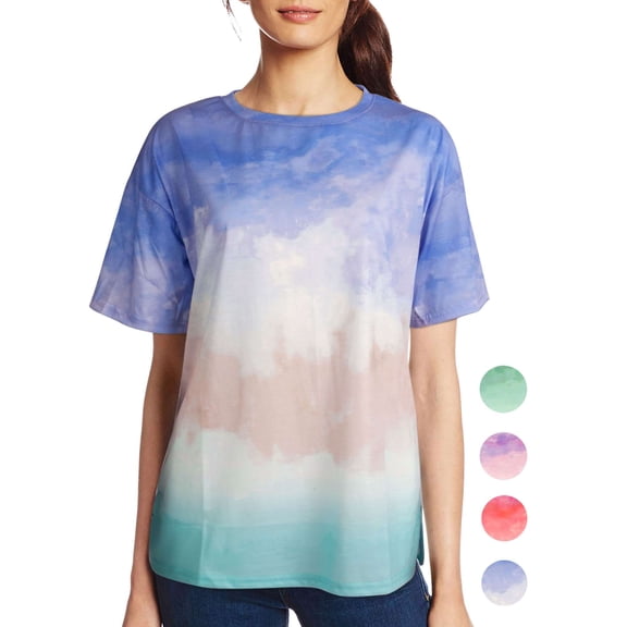 LAVA Women Tie Dye Shirts Crew Neck Short Sleeve Color Block Top Casual Loose Tees (Blue, XL)