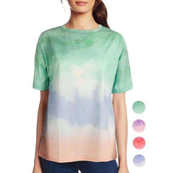 LAVA Women Tie Dye Shirts Crew Neck Short Sleeve Color Block Top Casual Loose Tees (Green, 2XL)