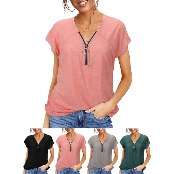 LAVA Women V Neck Summer Tops Business Casual Zipper Shirts Short Sleeve Blouses (Black, XL)