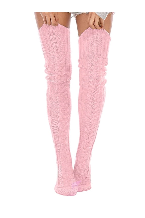 Women's Cable Knitted Thigh High Socks Over the Knee High Boot Socks Extra Long Winter Leg Warmers Pink