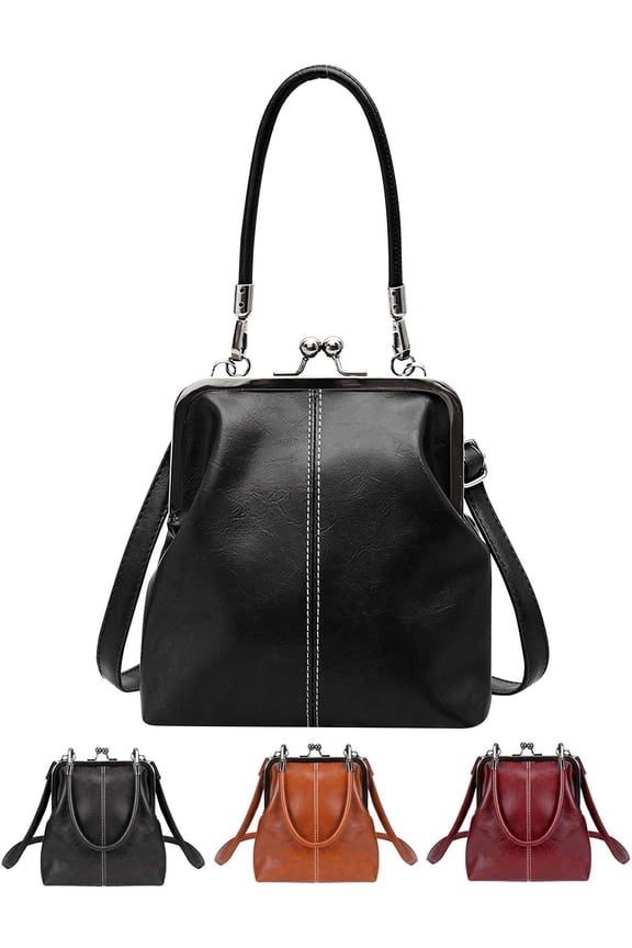 Women's Kiss Lock Crossbody Bag Handbags Retro PU Leather Purse Shoulder Bags Hobo Tote Wallet (Black)