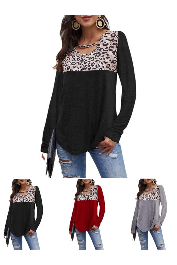 Women's Leopard Print Shirts Casual Crew Neck Long Sleeve Tunic Tops (Gray, XL)