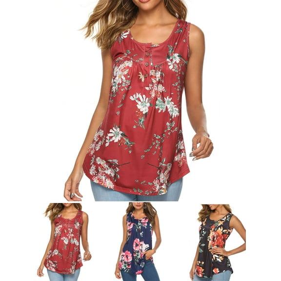 LAVA Women's Plus Size Floral Tank Top Crew Neck Summer Tops Blouse (Black, S)