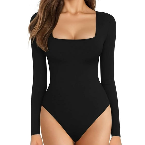 LAVA Women's Plus Size Square Neck Long Sleeve Bodysuit Tops (Black, 2XL)