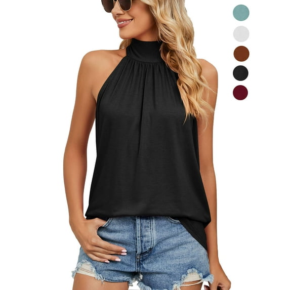 LAVA Women's Sleeveless Tie Halter Neck Summer Tops Casual Tank Top Blouse Shirts (Black, 2XL)