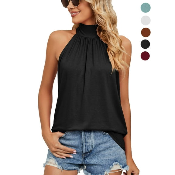 LAVA Women's Sleeveless Tie Halter Neck Summer Tops Casual Tank Top Blouse Shirts (Black, L)