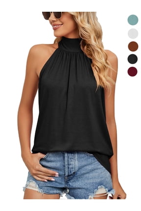 Women's Sleeveless Tie Halter Neck Summer Tops Casual Tank Top Blouse Shirts (Black, XL)