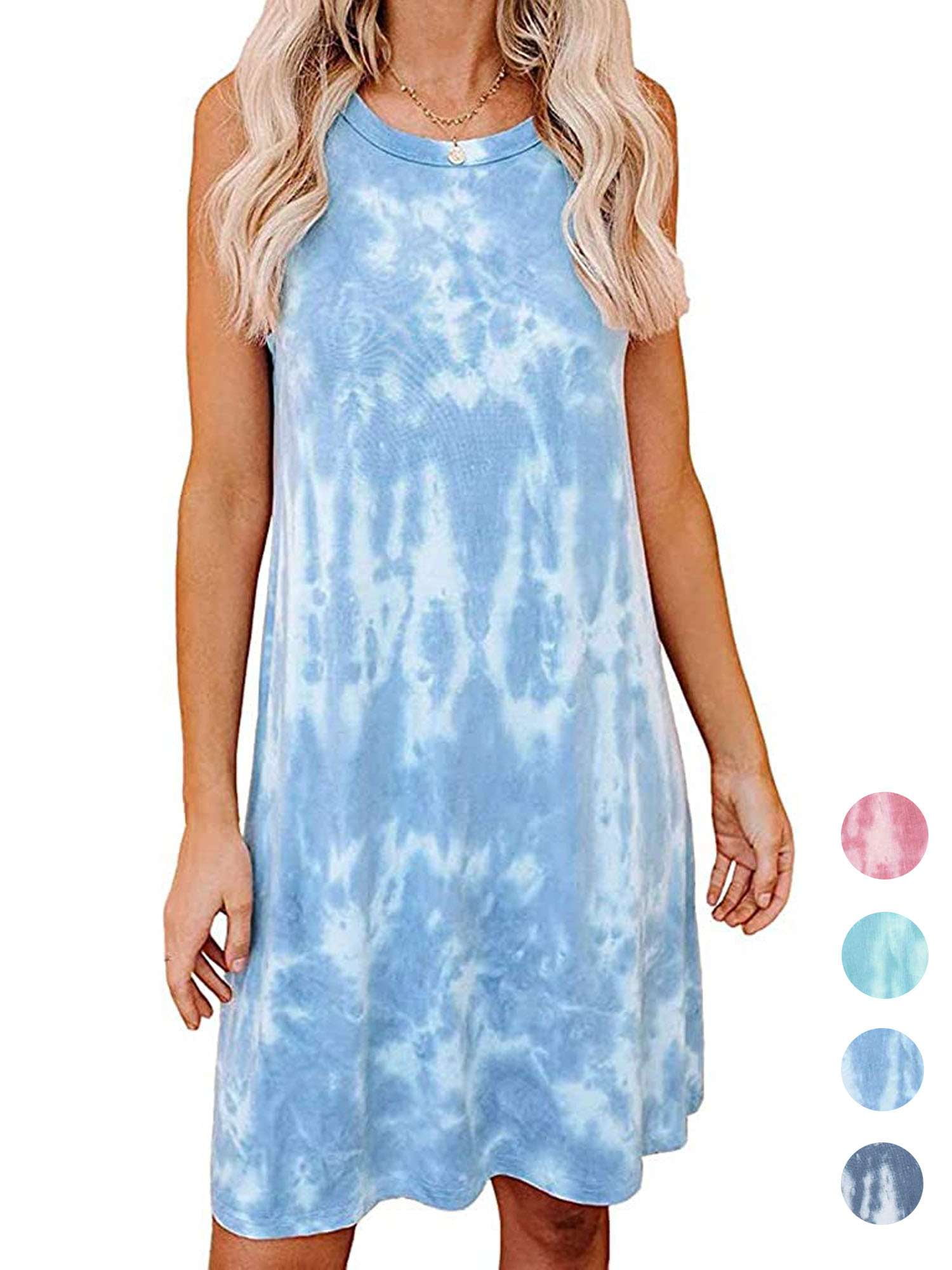 Lava Women's Tie Dye Summer Dresses Casual Sleeveless T Shirt Dress Swing Tank Dress (Navy Blue, 2xl)