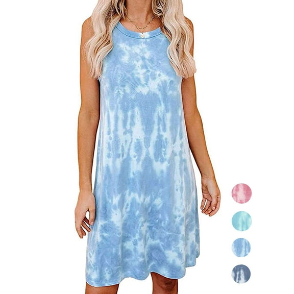 LAVA Women's Tie Dye Summer Dresses Casual Sleeveless T Shirt Dress Swing Tank Dress (Blue, M)