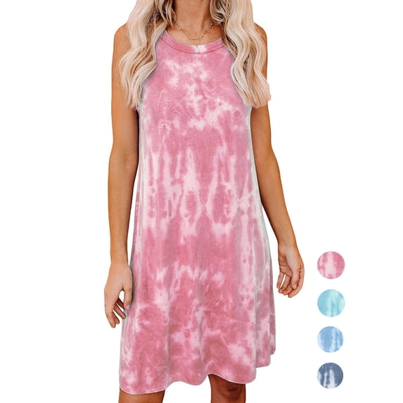 LAVA Women's Tie Dye Summer Dresses Casual Sleeveless T Shirt Dress Swing Tank Dress (Pink, 2XL)