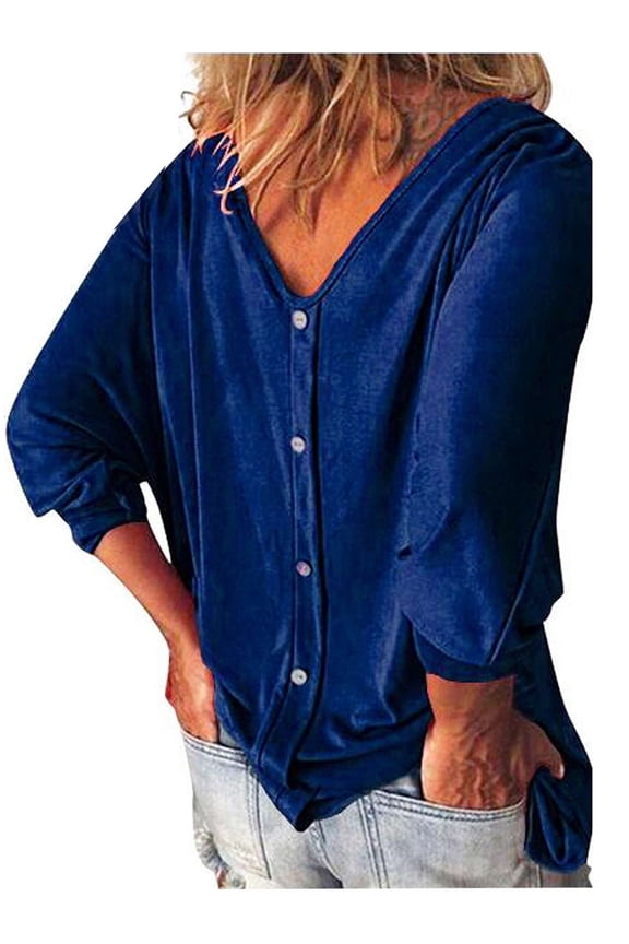 Womens Fashion Plus Size Tops V Neck 3/4 Sleeve T-shirts Button Down Shirts Blouses (Blue, M)