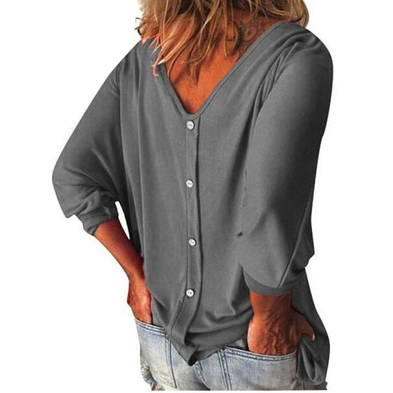 LAVA Womens Fashion Plus Size Tops V Neck 3/4 Sleeve T-shirts Button Down Shirts Blouses (Gray, L)