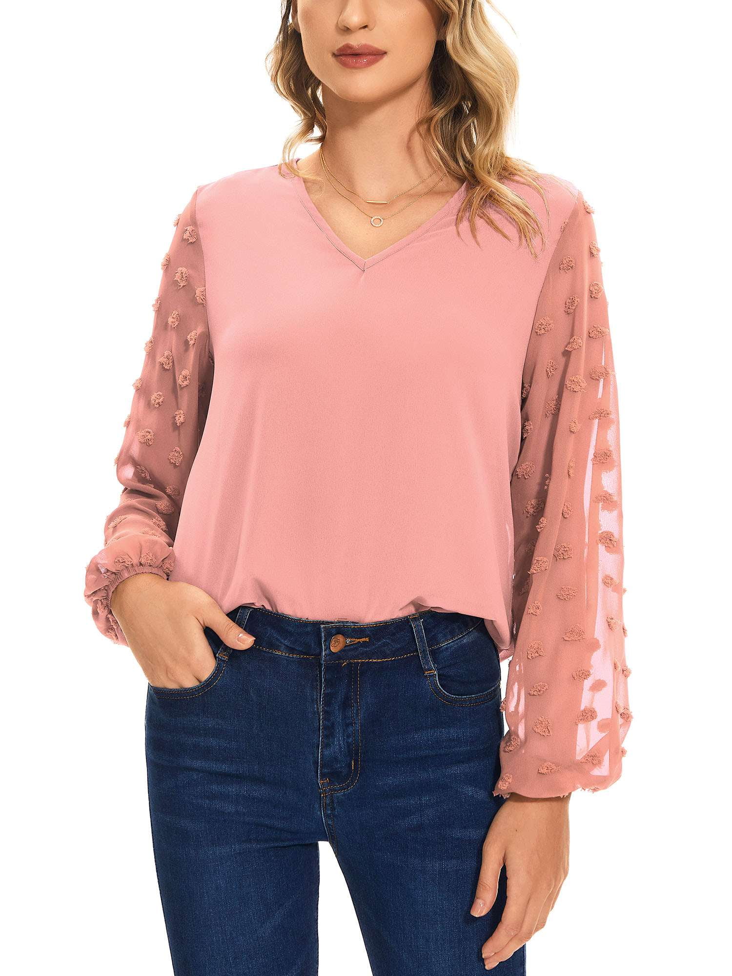 LAVA Womens Long Sleeve Blouse V Neck Swiss Dot Tops Business Casual