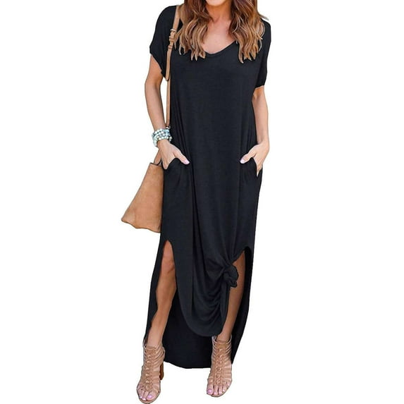 LAVA Womens Maxi Dresses with Pockets V Neck Short Sleeve Casual Dress Split Long Loose Summer Dresses (Black, L)