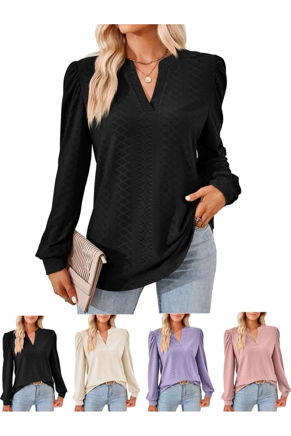 Womens Puff Sleeve Fall Tops Casual V Neck Long Sleeve T-Shirts Casual Tunic Blouses (Purple, S)