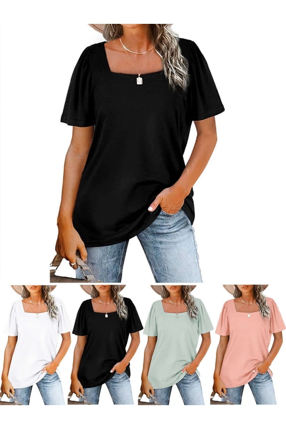 Womens Summer Tops Casual Square Neck Puff Short Sleeve T Shirts Blouse (Black, 2XL)