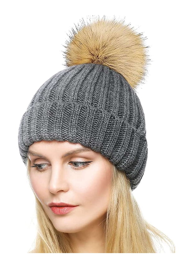 Womens Winter Beanie Hats with Pom Pom Slouchy Cable Knitted Warm Ski Cap Dark Gray
