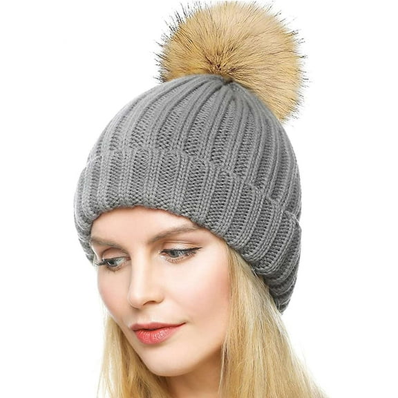 LAVA Womens Winter Beanie Hats with Pom Pom Slouchy Cable Knitted Warm Ski Cap Gray