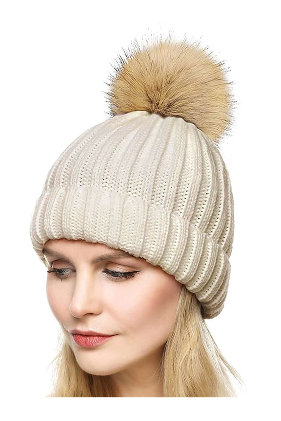 Womens Winter Beanie Hats with Pom Pom Slouchy Cable Knitted Warm Ski Cap Khaki