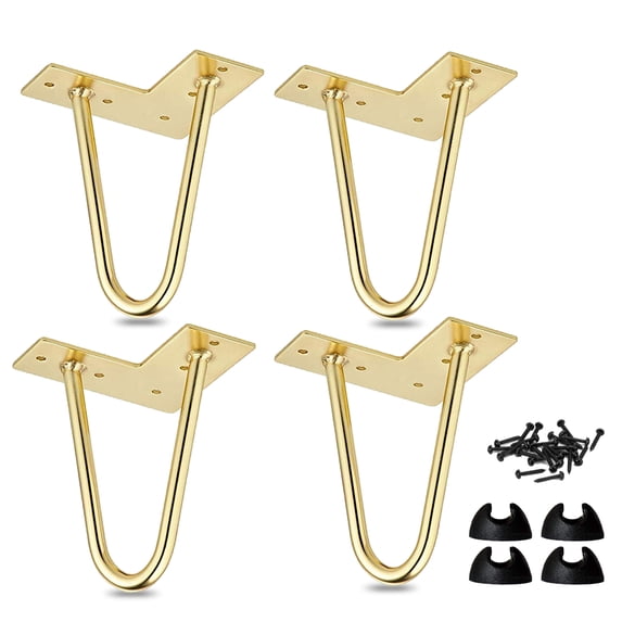 LAVANE 4 Inch / 10 cm Hairpin Furniture Legs, Set of 4 Heavy Duty Modern Industrial Metal Table legs with Rubber Floor Protectors & Screws for DIY Cabinet Bench Sofa Couch Ottoman Chair Gold