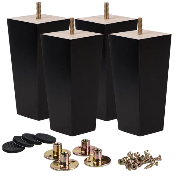 LAVANE 4 Inch / 10 cm Wooden Furniture Legs Set of 4 Mid-Century Modern Solid Wood Square Pyramid Black Replacement Feet with 5/16" Hanger Bolt & Mounting Plate for DIY Cabinet Sofa Couch Ottoman