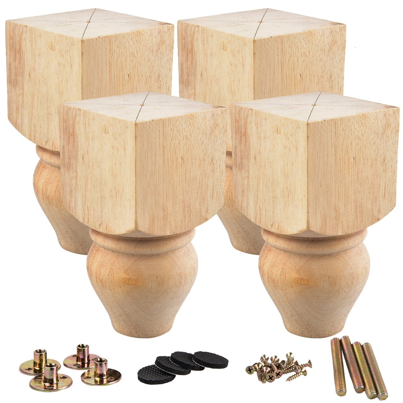 LAVANE 5 inch 12cm Wooden Furniture Legs Set of 4 Solid Wood Carved Geometry Unfinished Replacement Bun Feet with Mounting Plate Screws for Sofa