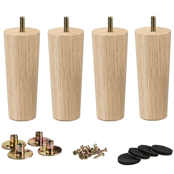LAVANE 6 Inch / 15 cm Wooden Furniture Legs Set of 4 Mid-Century Modern Solid Wood Round Clear Replacement Feet with Pre-Drilled 5/16" Bolt & Mounting Plate for DIY Cabinet Sofa Couch Ottoman