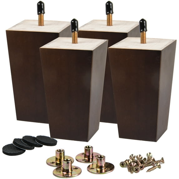 LAVANE 6 Inch / 15 cm Wooden Furniture Legs Set of 4 Mid-Century Modern Solid Wood Square Pyramid Walnut Replacement Feet with 5/16" Hanger Bolt & Mounting Plate for DIY Cabinet Sofa Couch Ottoman