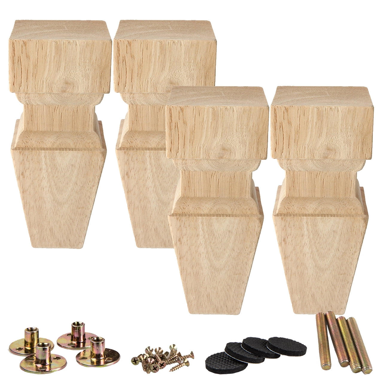 6" Natural Wood Carved Square Bun Furniture Legs, Set of 4