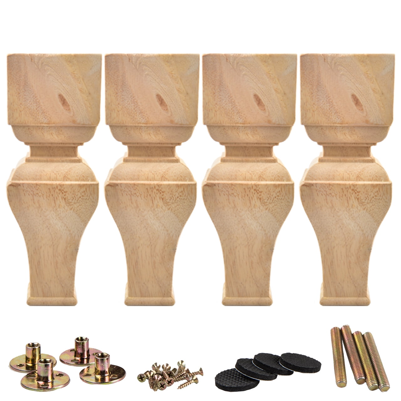 8" Natural Wood Carved Bun Feet Furniture Legs Set of 4