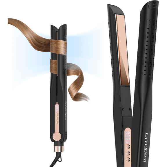 LAVERNER Airflow Styler 2.0 Titanium Flat Iron Hair Straightener & Curling Wand, 96 Cool Air Vents for 48H Lasting Style, Dual Voltage for Travel & Home, Anti-Tangle, 5 Temps (Black & Champagne).