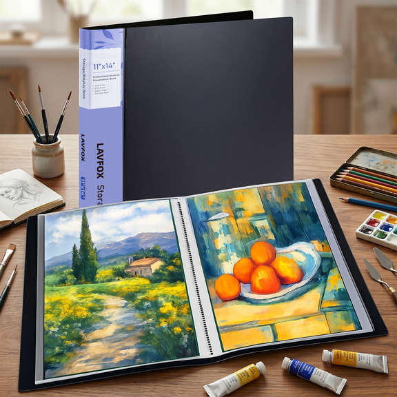 LAVFOX 11x14 Art Portfolio Folder Displaying 48 Pages with Plastic Sleeves, Black