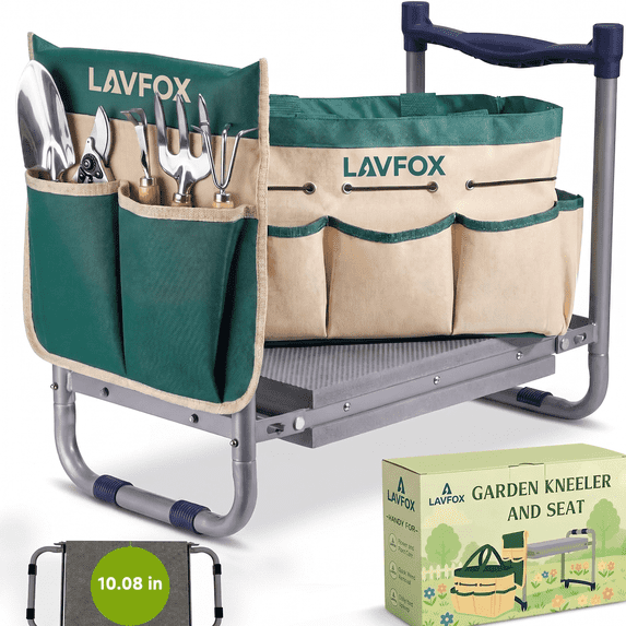 LAVFOX 2-in-1 Heavy Duty Garden Kneeler Stool, Foldable Bench Seat with Wider EVA Pad and Tool Bag