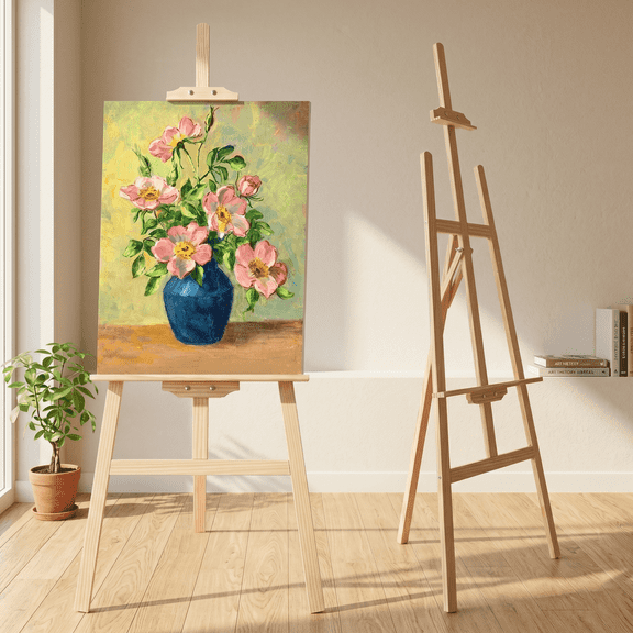 LAVFOX Adjustable Wooden Art Easel Stand for Painting & Display, Folding Floor Easel Canvases Up to 42, Natural