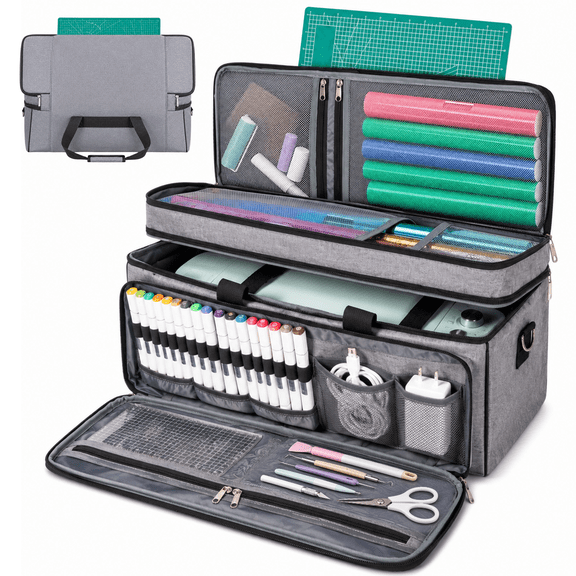 LAVFOX Double Layer Cricut Carrying Case with Mat Pocket, Gray