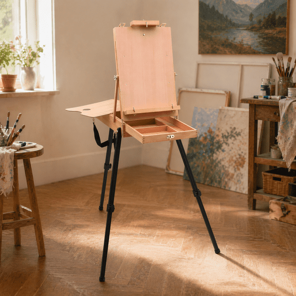 LAVFOX Lightweight French Style Field Easel with Aluminum Tripod, Adjustable Beechwood Standing Sketchbox Easel with Storage Drawer and Palette for Artists