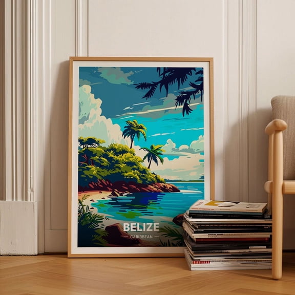 LAVIE Belize Travel Poster, Caribbean Beach Scene, Tropical Wall Art ,Vintage Travel Wall Art Unframed