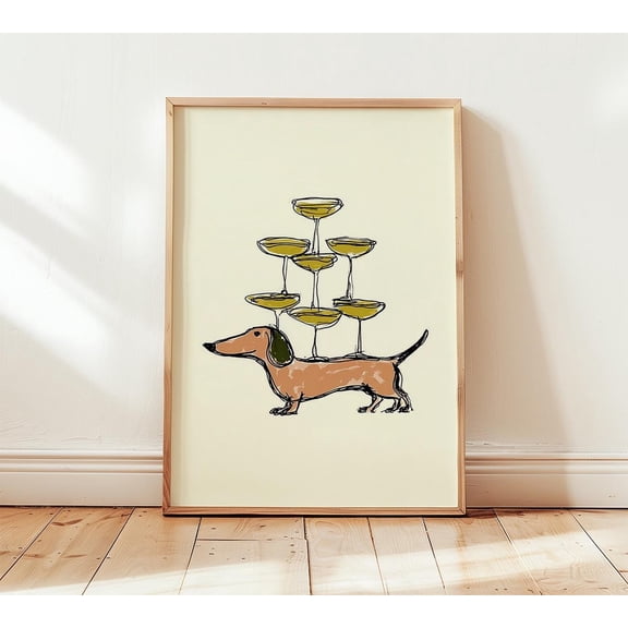 LAVIE Dachshund Champagne Wall Art Print, Whimsical Dog Poster No Frame