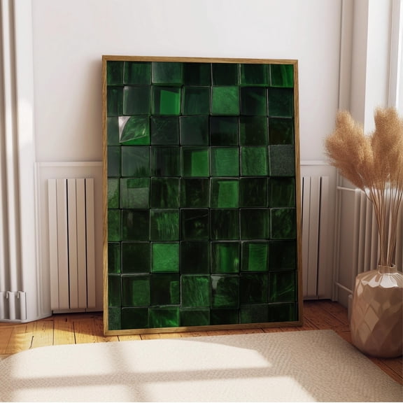 LAVIE Emerald Green Geometric Tile Print Mid Century Mod Square Wall Art Minimalist Optical Illusion Poster Modern Graphic Decor Teal Navy Art No Frame
