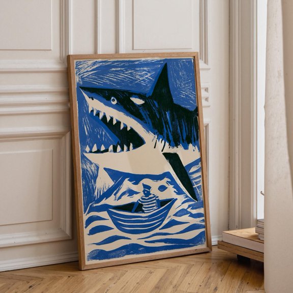 LAVIE Great White Shark Wall Art Print, Vintage Shark Poster, Coastal Nautical Decor, Ocean Horror Artwork, Marine Life Art, Shark Lover Gift Unframed