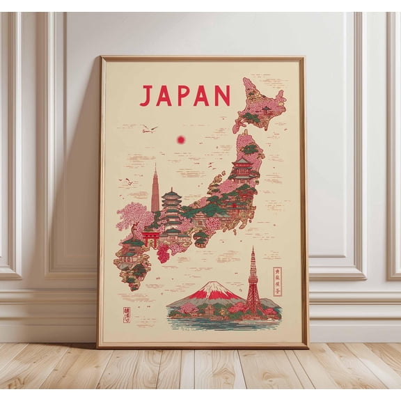 LAVIE Japan Map Poster Vintage Travel Wall Art Japanese Landmarks Poster No Frame