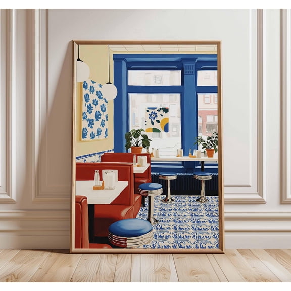 LAVIE Retro Diner Poster Mid Century Cafe Wall Art Red Booths Blue Accents Vintage Restaurant Decor No Frame