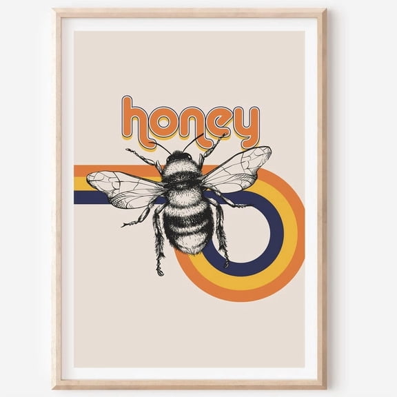 LAVIE Retro Honey Bee Print - Retro Wall Art, 60s 70s Inspired, Bumble Bee Decor, Groovy Bright Art, Colourful Quote, Typography, Retro Abstract No Frame BO037